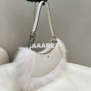 Replica Fendi 8BS068ALS9F1IVS O’Lock Swing Camellia leather and fox fur pouch 8573 White 2