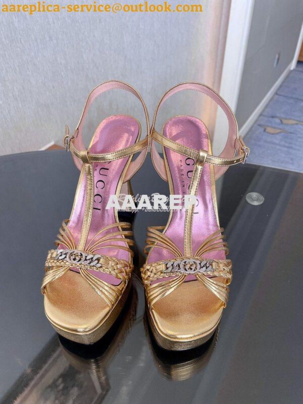 Replica Gucci GG-Chain Metallic-Leather Sandals 746614 Gold 3