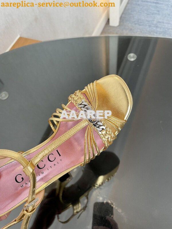 Replica Gucci GG-Chain Metallic-Leather Sandals 746614 Gold 4