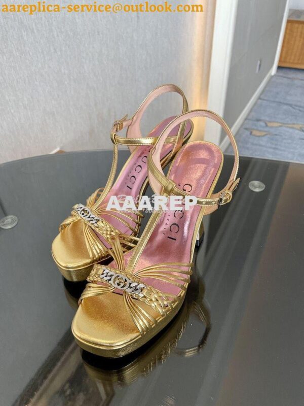 Replica Gucci GG-Chain Metallic-Leather Sandals 746614 Gold 7