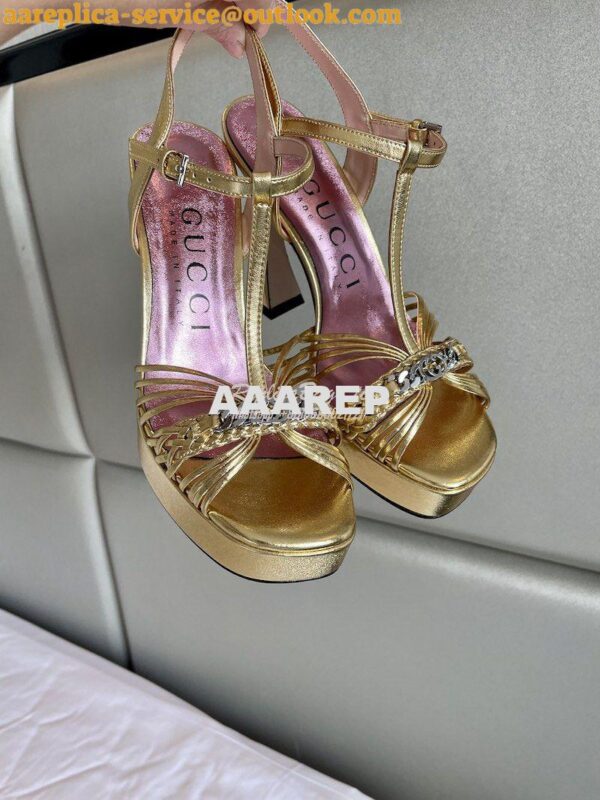 Replica Gucci GG-Chain Metallic-Leather Sandals 746614 Gold 8