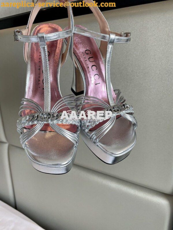 Replica Gucci GG-Chain Metallic-Leather Sandals 746614 Silver 6