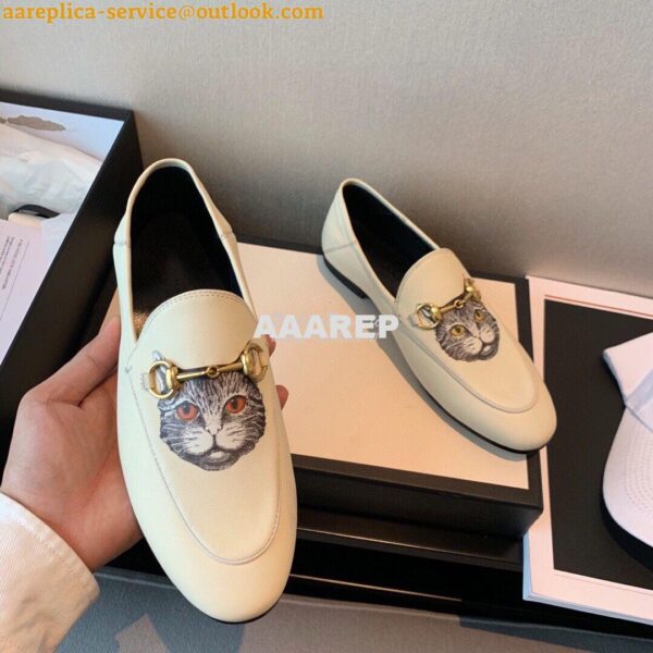 Replica Gucci Leather Horsebit Loafer 414998 White with Kitty Print 5