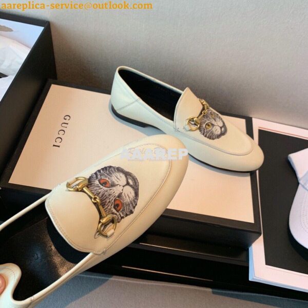 Replica Gucci Leather Horsebit Loafer 414998 White with Kitty Print 6