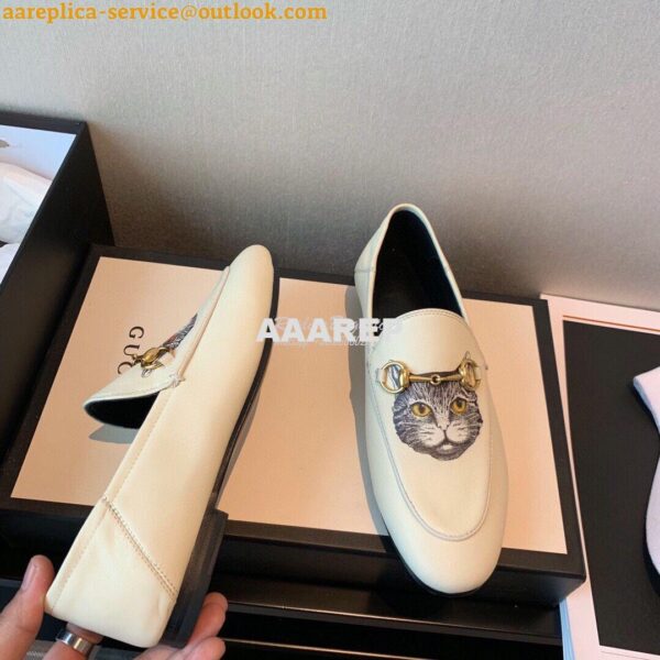 Replica Gucci Leather Horsebit Loafer 414998 White with Kitty Print 7