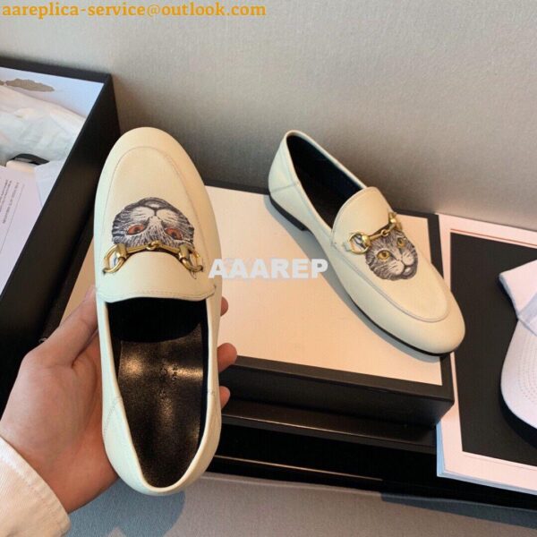 Replica Gucci Leather Horsebit Loafer 414998 White with Kitty Print 9