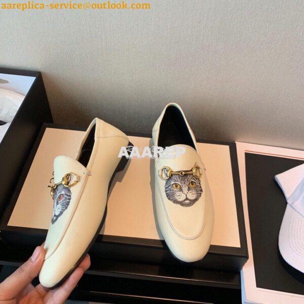 Replica Gucci Leather Horsebit Loafer 414998 White with Kitty Print 11