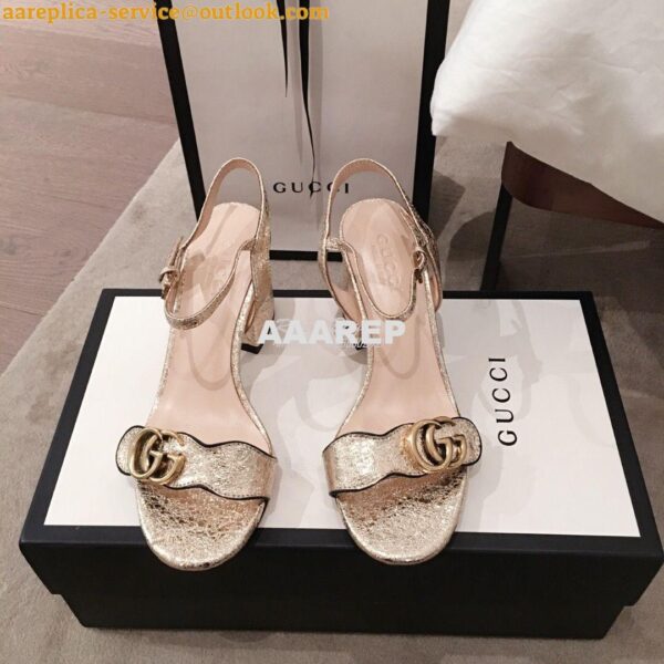 Replica Gucci Leather Mid-Heel Sandal 453379 Metallic Gold 4