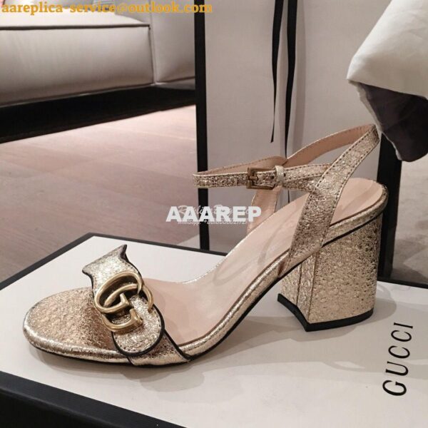 Replica Gucci Leather Mid-Heel Sandal 453379 Metallic Gold 7