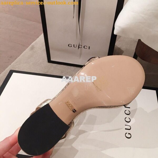 Replica Gucci Leather Mid-Heel Sandal 453379 Metallic Gold 9