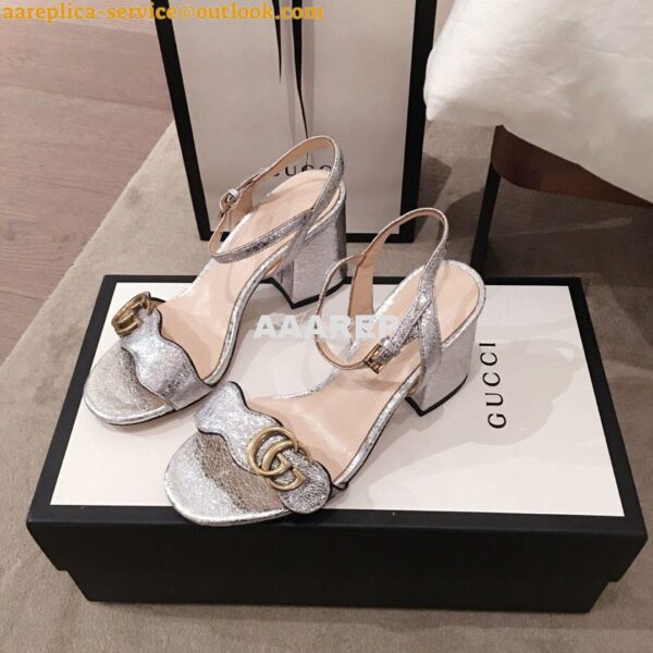 Replica Gucci Leather Mid-Heel Sandal 453379 Metallic Silver 3