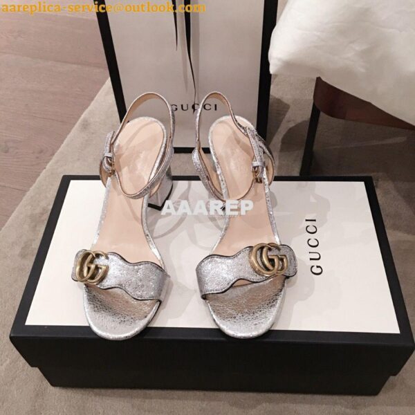 Replica Gucci Leather Mid-Heel Sandal 453379 Metallic Silver 4