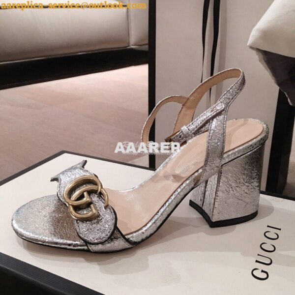 Replica Gucci Leather Mid-Heel Sandal 453379 Metallic Silver 6