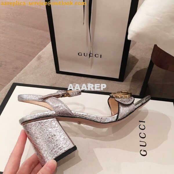 Replica Gucci Leather Mid-Heel Sandal 453379 Metallic Silver 7