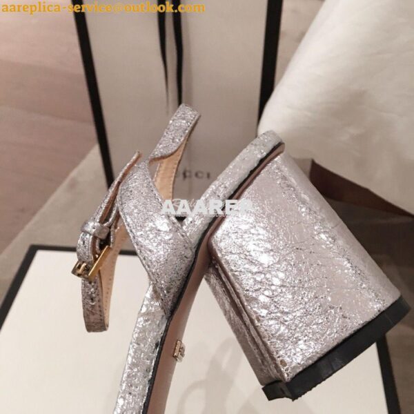 Replica Gucci Leather Mid-Heel Sandal 453379 Metallic Silver 8