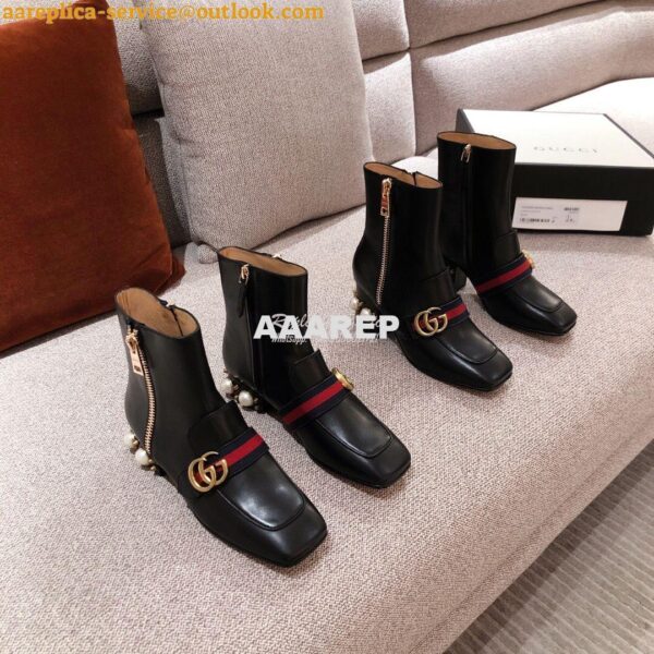 Replica Gucci Marmont Leather Mid-Heel Ankle Boots with Pearls 432060 3