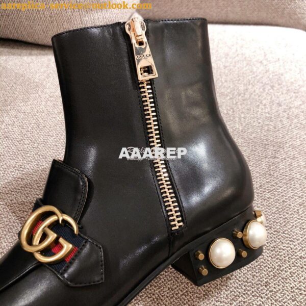 Replica Gucci Marmont Leather Mid-Heel Ankle Boots with Pearls 432060 8