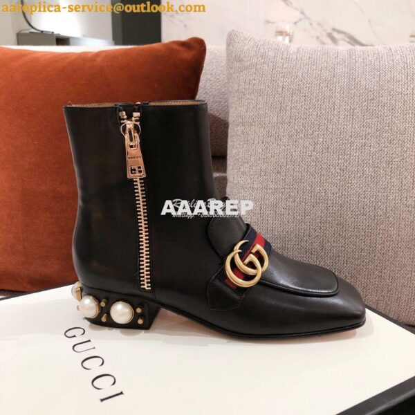 Replica Gucci Marmont Leather Mid-Heel Ankle Boots with Pearls 432060 10