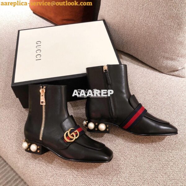 Replica Gucci Marmont Leather Mid-Heel Ankle Boots with Pearls 432060 11