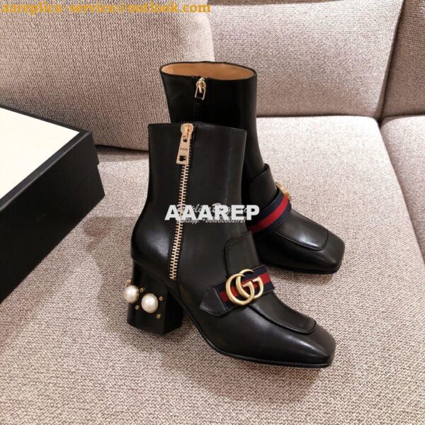 Replica Gucci Marmont Leather Mid-Heel Ankle Boots with Pearls 432060 15