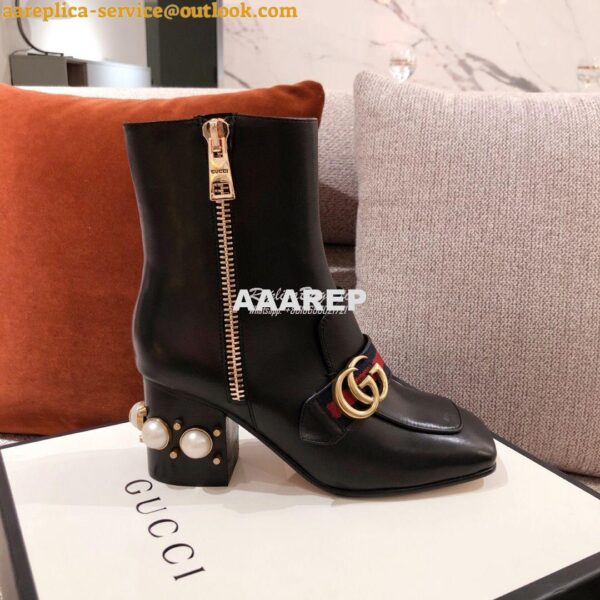 Replica Gucci Marmont Leather Mid-Heel Ankle Boots with Pearls 432060 17