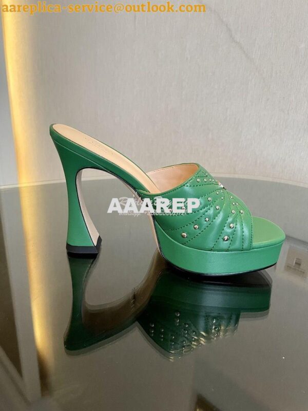 Replica Gucci Platform Slide Leather Sandal with Studs 740425 Green 4