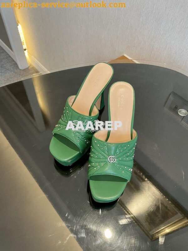 Replica Gucci Platform Slide Leather Sandal with Studs 740425 Green 5