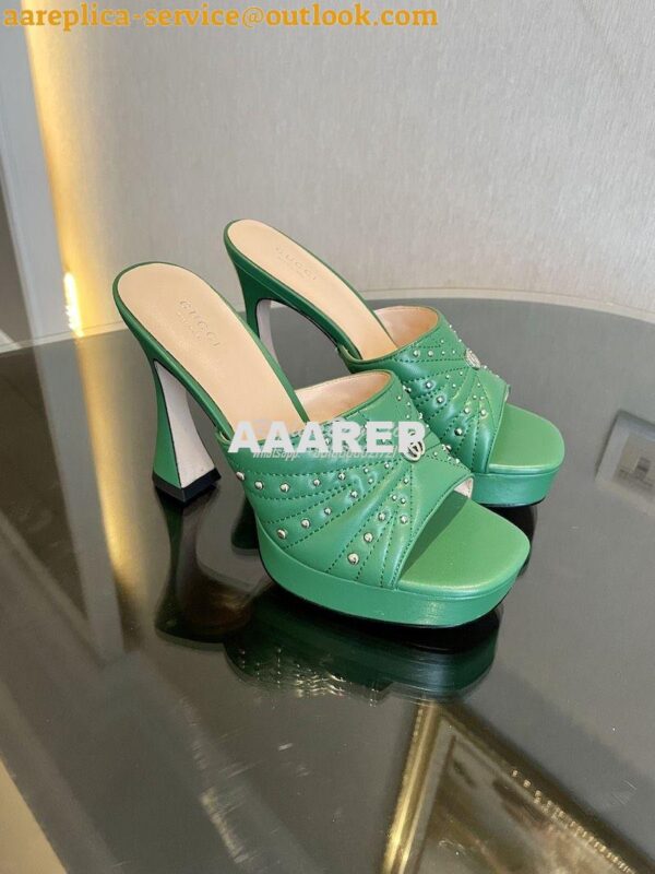 Replica Gucci Platform Slide Leather Sandal with Studs 740425 Green 8