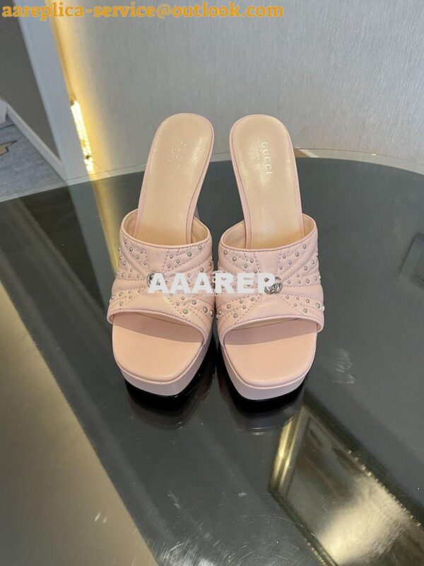 Replica Gucci Platform Slide Leather Sandal with Studs 740425 Pink 5