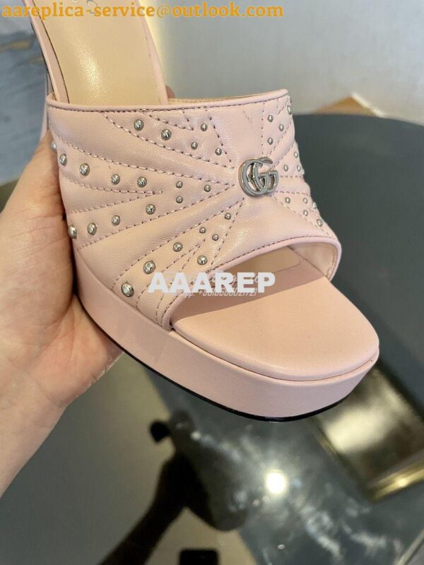 Replica Gucci Platform Slide Leather Sandal with Studs 740425 Pink 10