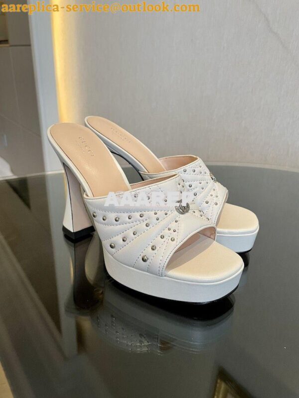 Replica Gucci Platform Slide Leather Sandal with Studs 740425 White 5