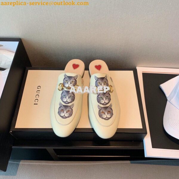 Replica Gucci Princetown Leather Slipper 505268 White with Kitty Print 3