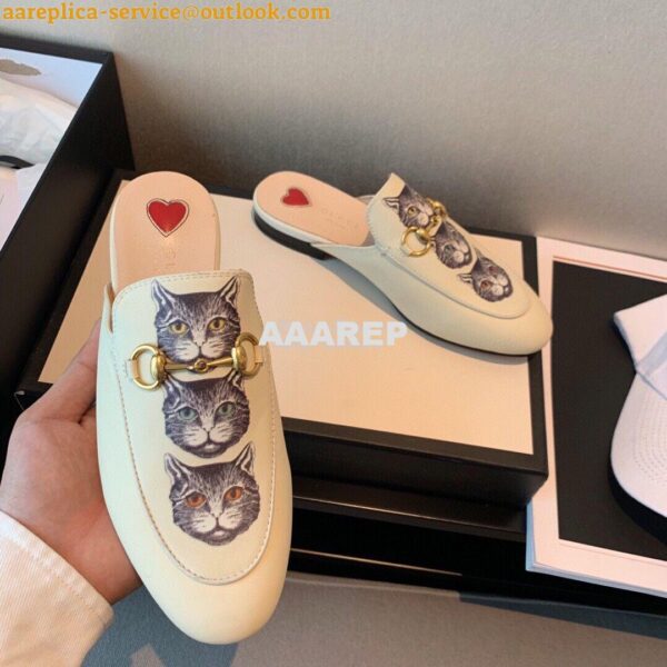 Replica Gucci Princetown Leather Slipper 505268 White with Kitty Print 6