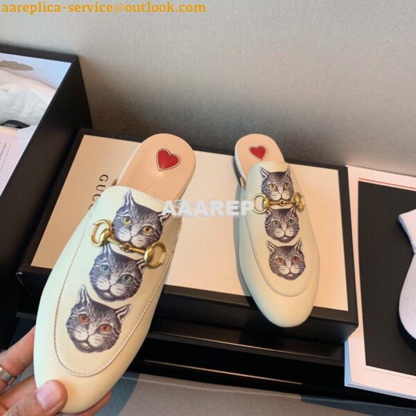 Replica Gucci Princetown Leather Slipper 505268 White with Kitty Print 7