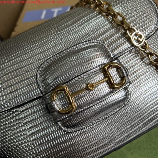 Replica Gucci 675801 Horsebit 1955 lizard mini bag silver leather 6