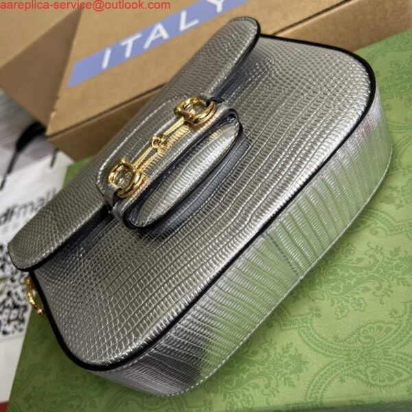 Replica Gucci 675801 Horsebit 1955 lizard mini bag silver leather 8