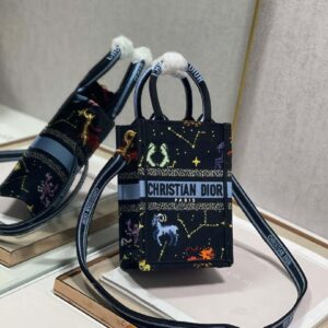 Replica Dior S5555 Mini Dior Book Tote Phone Bag black multicolor petites fleurs embroidery