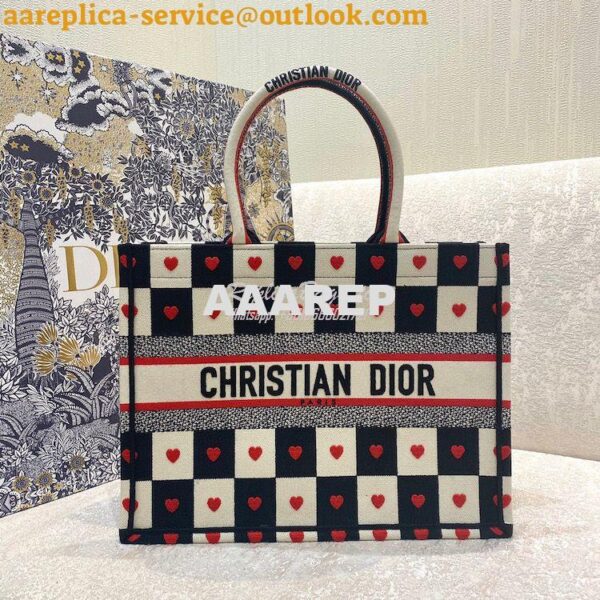 Replica Dior Book Tote bag in Black, White and Red D-Chess Heart Embro 3