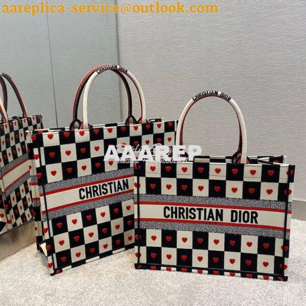 Replica Dior Book Tote bag in Black, White and Red D-Chess Heart Embro 12