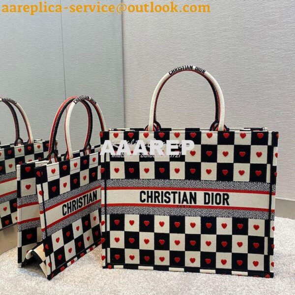 Replica Dior Book Tote bag in Black, White and Red D-Chess Heart Embro 13