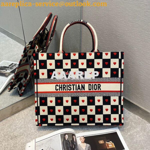 Replica Dior Book Tote bag in Black, White and Red D-Chess Heart Embro 14