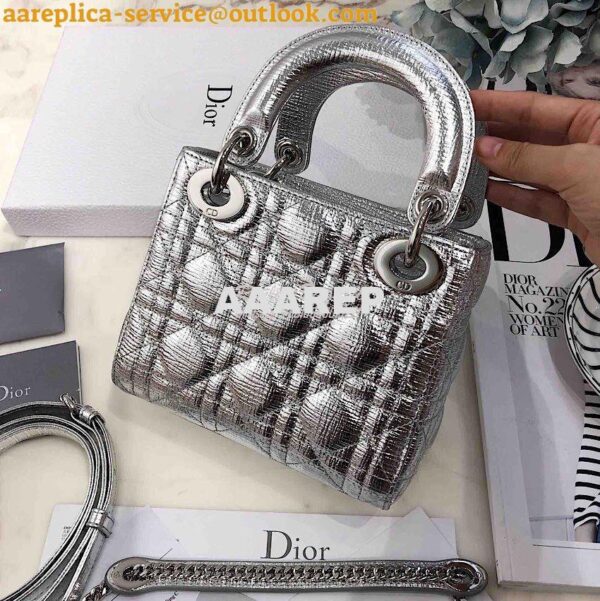 Replica Christian Dior Lady Dior Grained Metallic Silver Bag 9