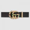 Replica Gucci Leather belt with crystal Double G buckle ‎Emerald Green 600630 2