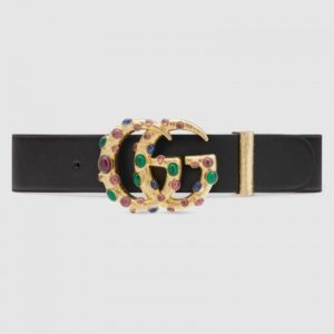 Replica Gucci Leather belt with crystal Double G buckle Black ‎600630