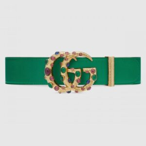 Replica Gucci Leather belt with crystal Double G buckle ‎Emerald Green 600630