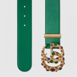 Replica Gucci Leather belt with crystal Double G buckle ‎Emerald Green 600630 2