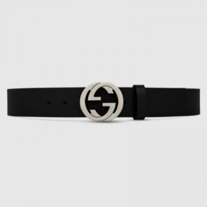 Replica Gucci Leather belt with interlocking G Black 368186