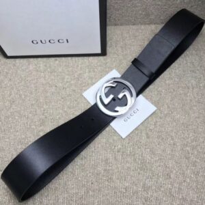 Replica Gucci Leather belt with interlocking G Black 368186 2