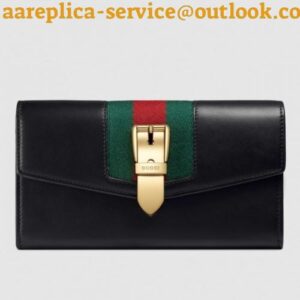 Replica Gucci Web Sylvie Leather Zip Around Wallet 476083 Black 2017