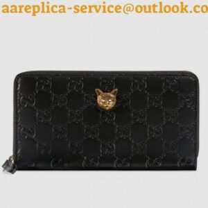 Replica Gucci Zip Around Wallet With Cat In Black Signature Leather